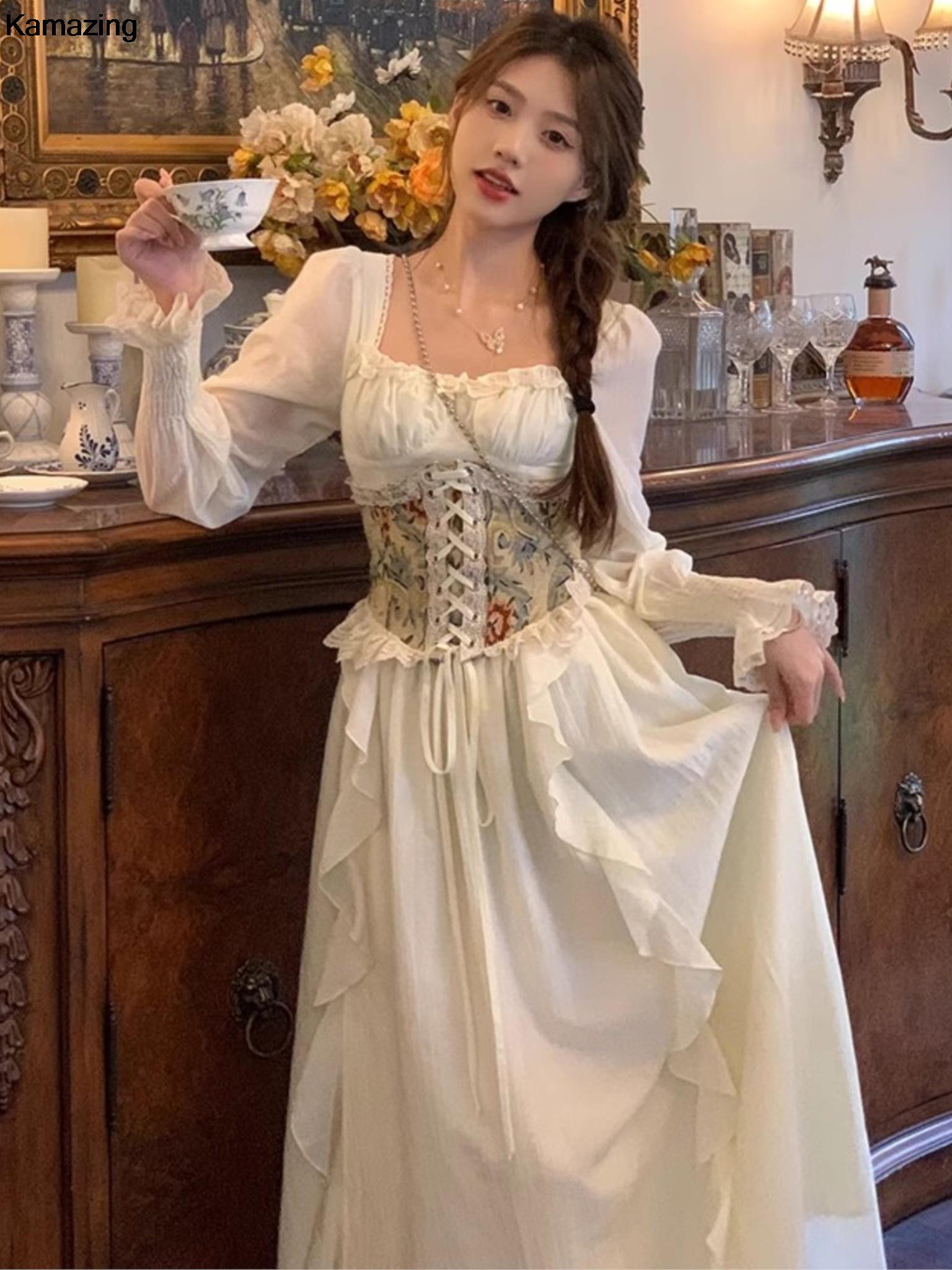 French Vintage Floral Midi Dress - Robe mi-longue corset français vintage pour