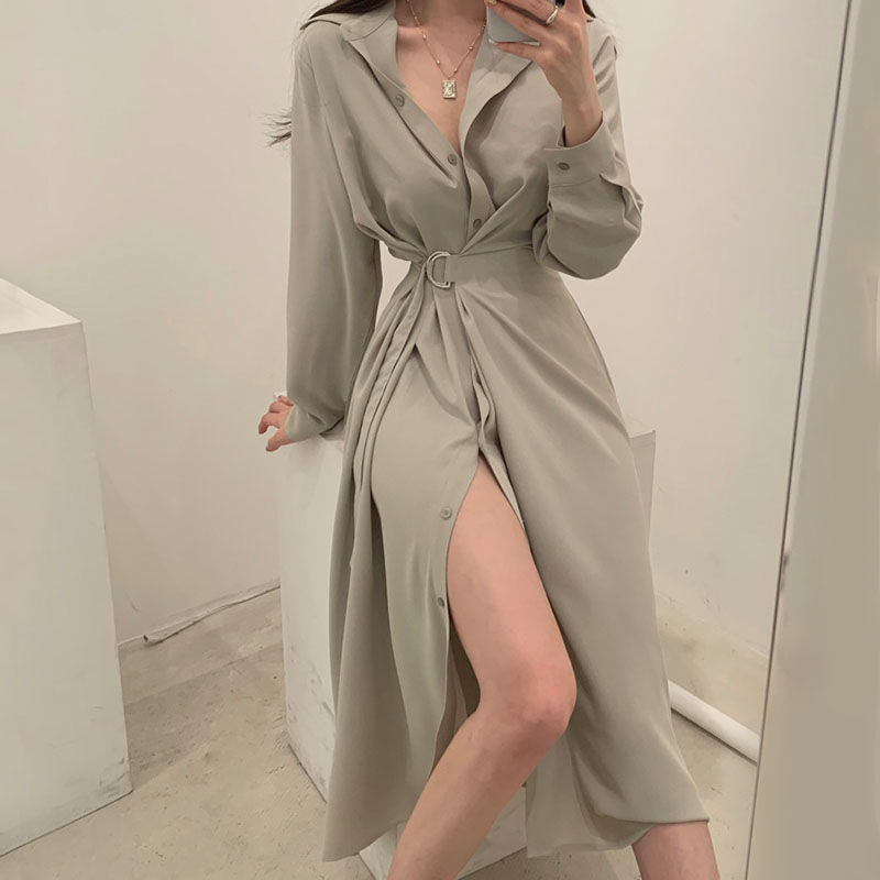 Robe chemise à revers à manche - Korean Style A Line Shirt Dress avis et prix